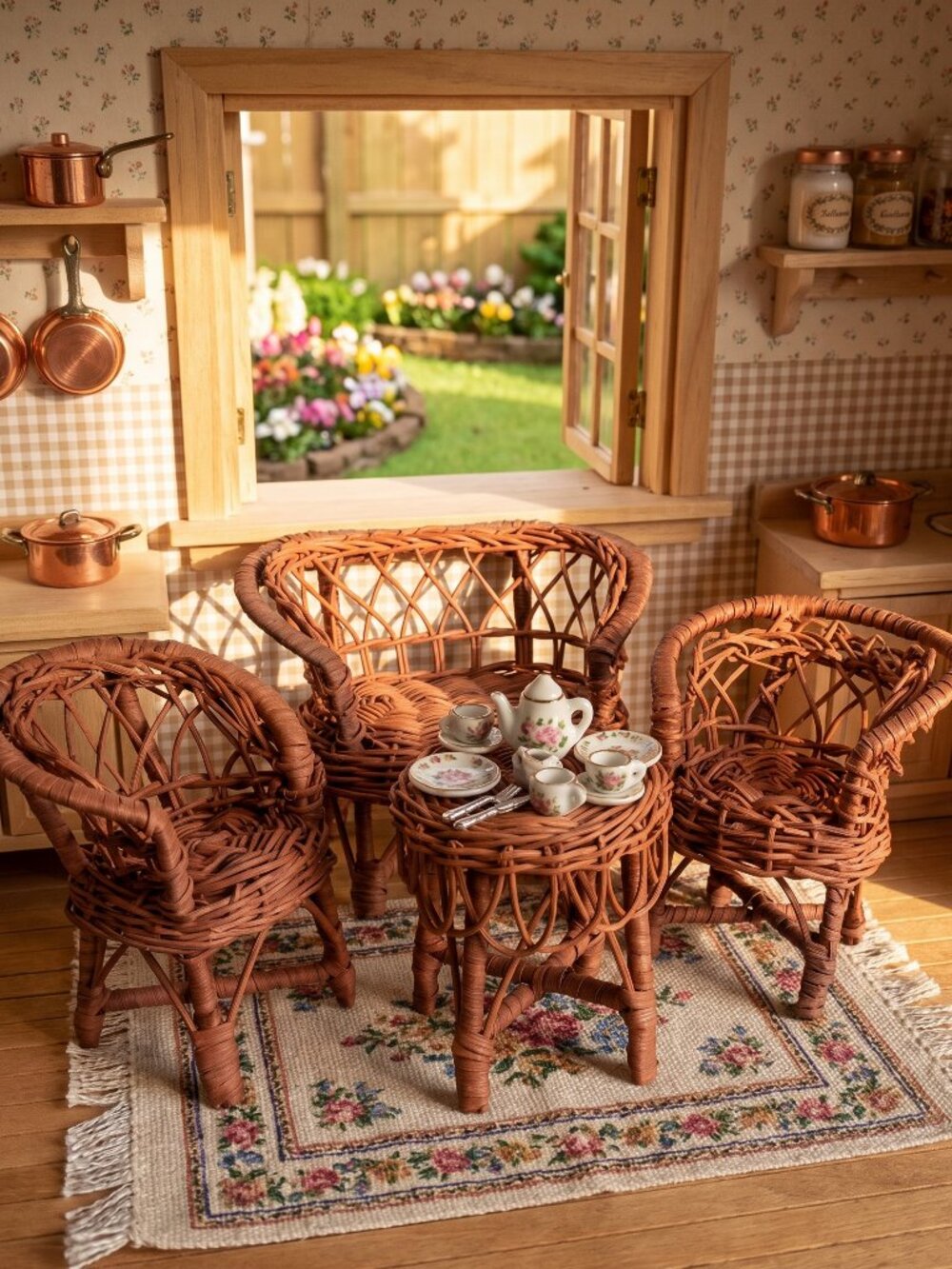 🌸The Secret Garden Tiny Tea Party Set Wicker Vintage Miniature 4-pieces Cute!🌸